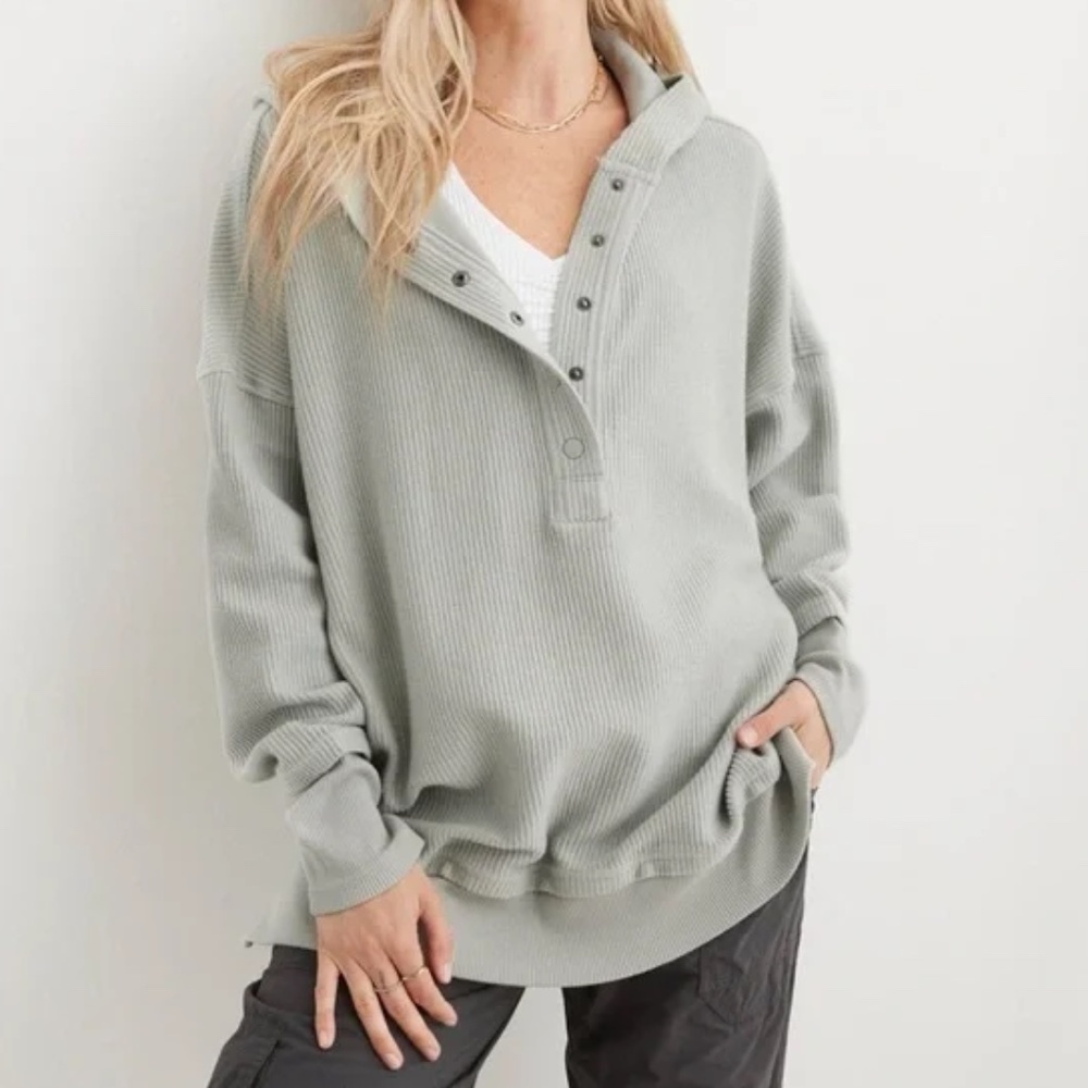 aerie Light Sage Waffle-Knit Snap Pullover Sweater